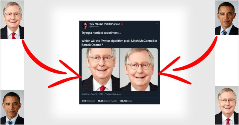 TONY ARCIERI’S SERIES OF UX EXPERIMENTS ON TWITTER AUTOMATICALLY FAVOURED THE WHITE MALE FACE IN EVERY SINGLE TEST. TWITTER HAS SINCE ALTERE
