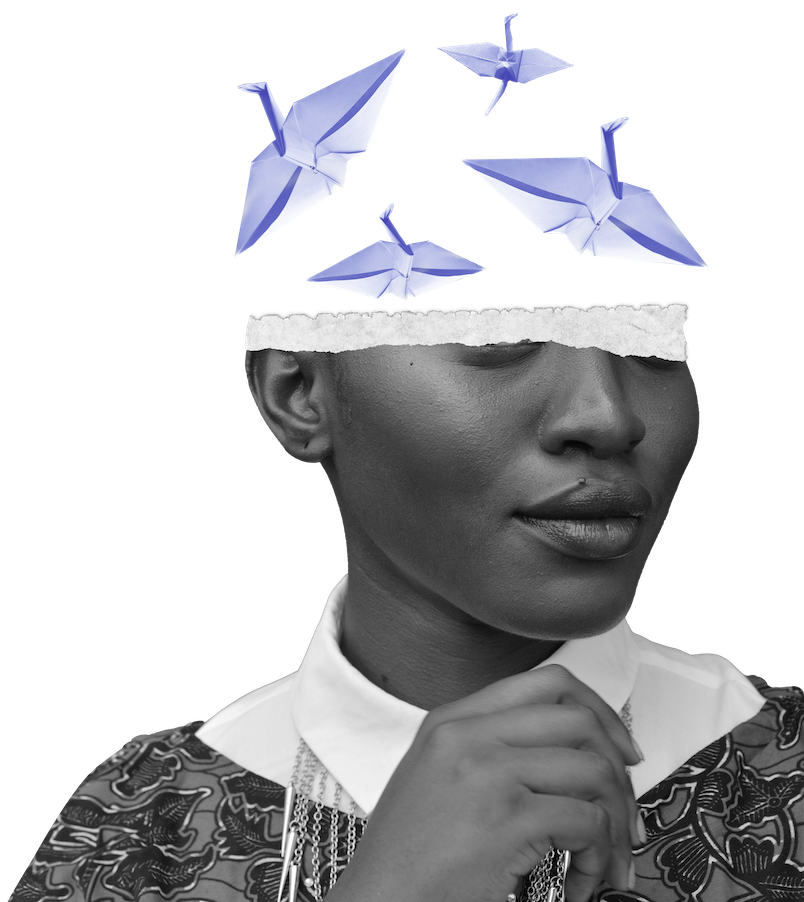 Origami cranes taking flight from a person’s mind