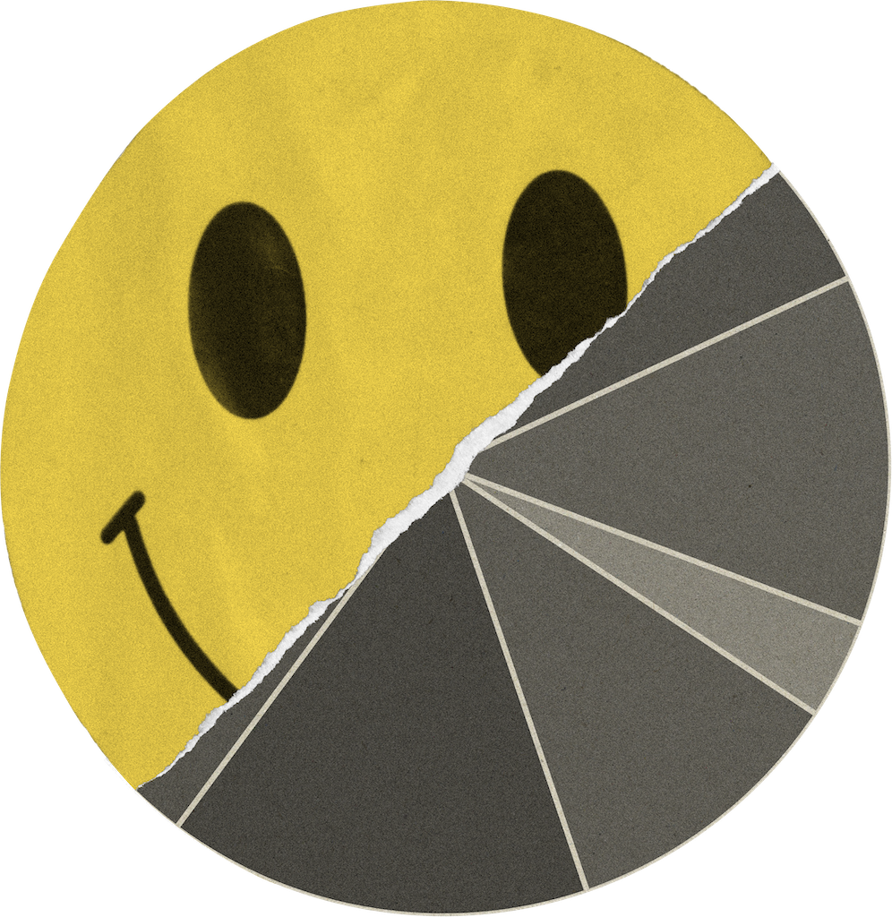 A torn smiley face, half bright, half in shadow