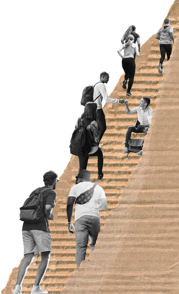 People climbing a steep flight of steps, helping each other up