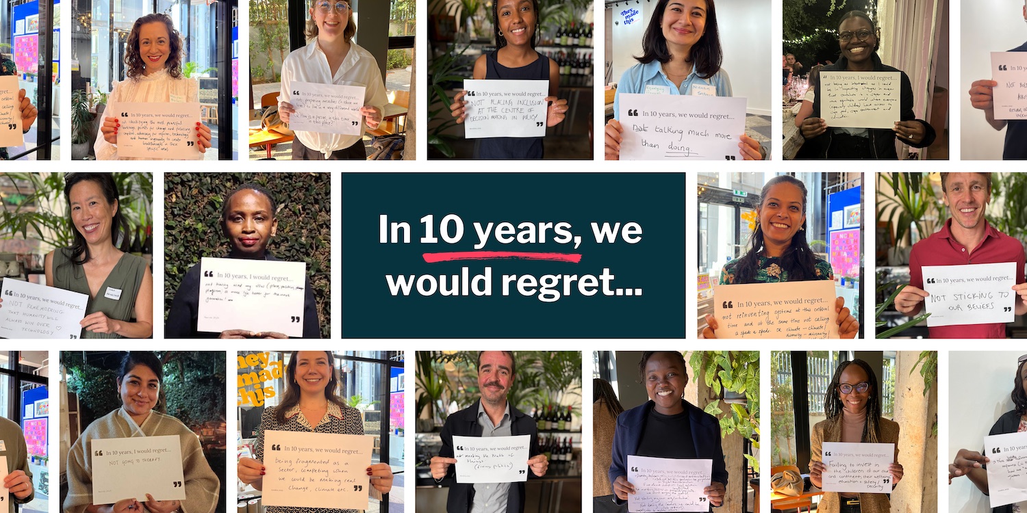 Portraits of people each holding a handwritten card that begins 'In 10 years, we would regret…', arranged around those words