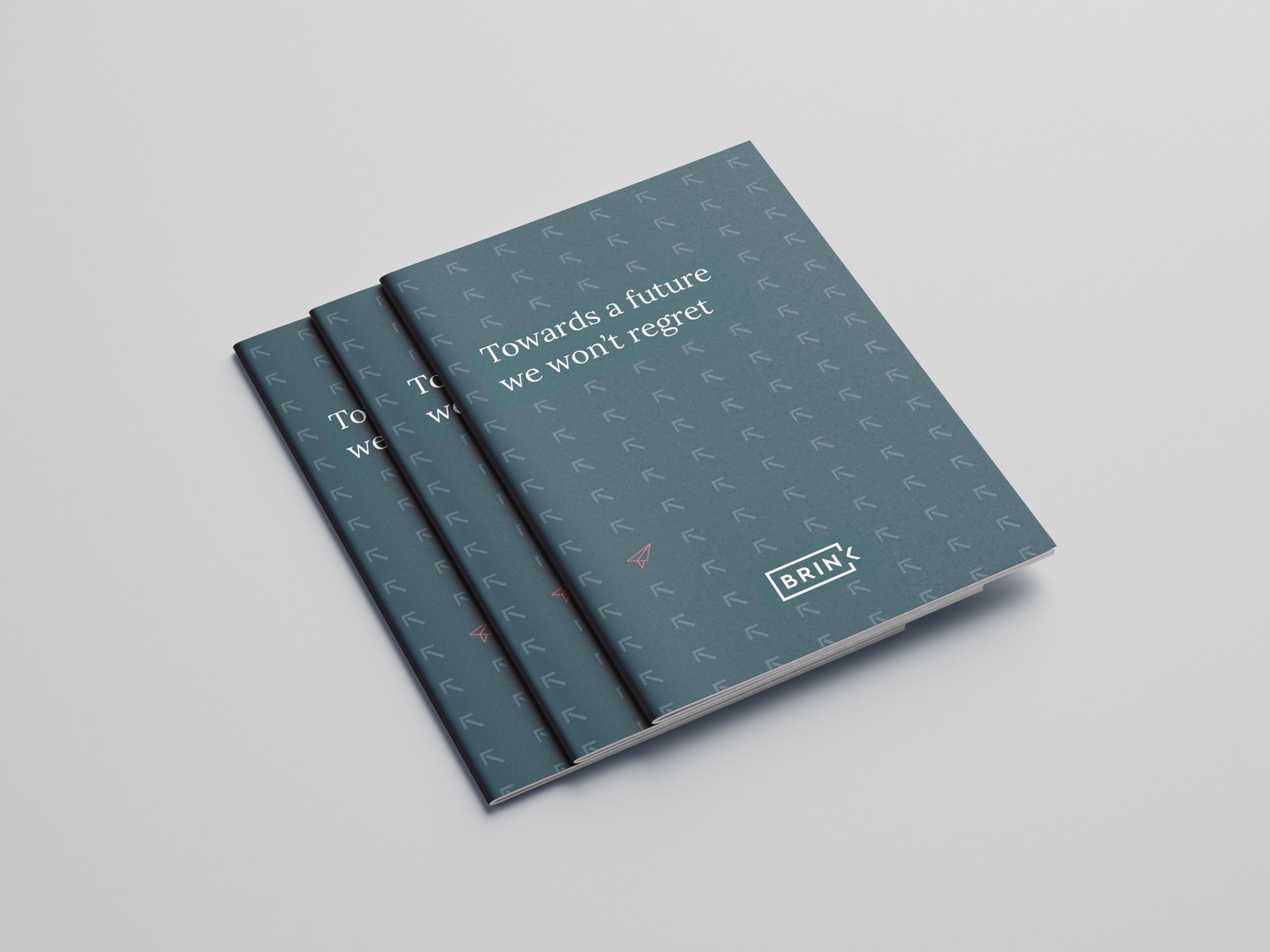 Three printed copies of the report, titled "Towards a future we won’t regret", fanned out on a grey surface